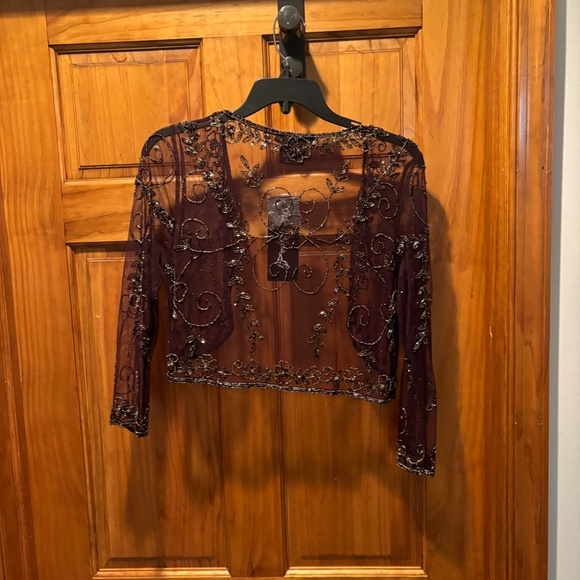 Pisarro Nights Beaded Mesh Gown with Jacket in Eggplant Size 2 NWT - Picture 7 of 10